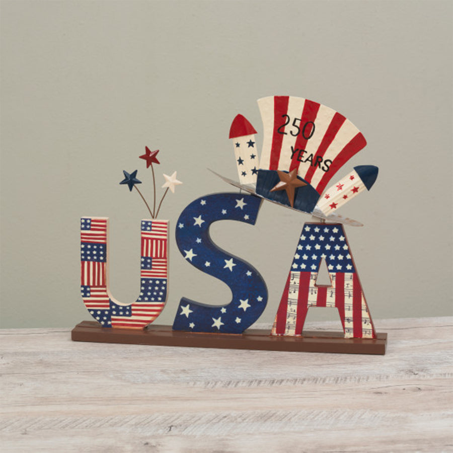 Wood And Metal "USA" Tabletop Sign