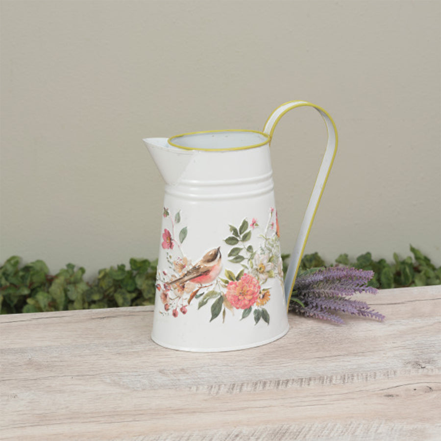 Metal Embossed Floral Bird Design Pitcher-Style Watering Can