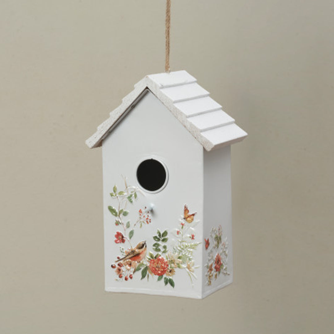 Hanging Metal Embossed Floral Bird Design Birdhouse With Wooden Roof