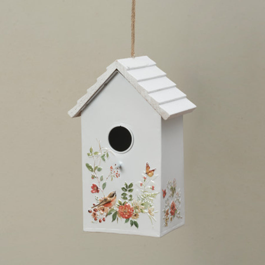 Hanging Metal Embossed Floral Bird Design Birdhouse With Wooden Roof