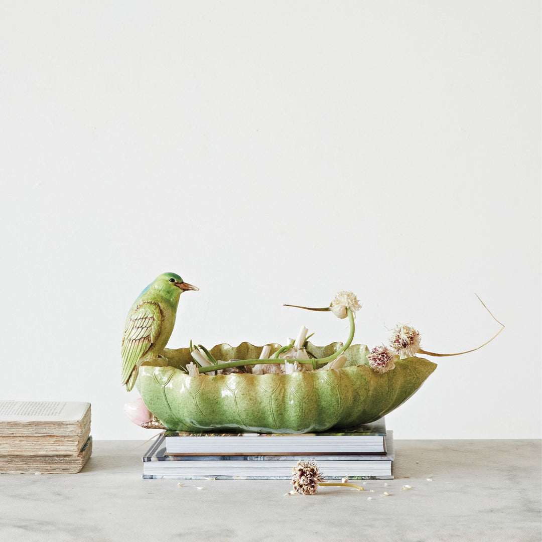 Decorative Resin Leaf Shaped Bowl With Bird