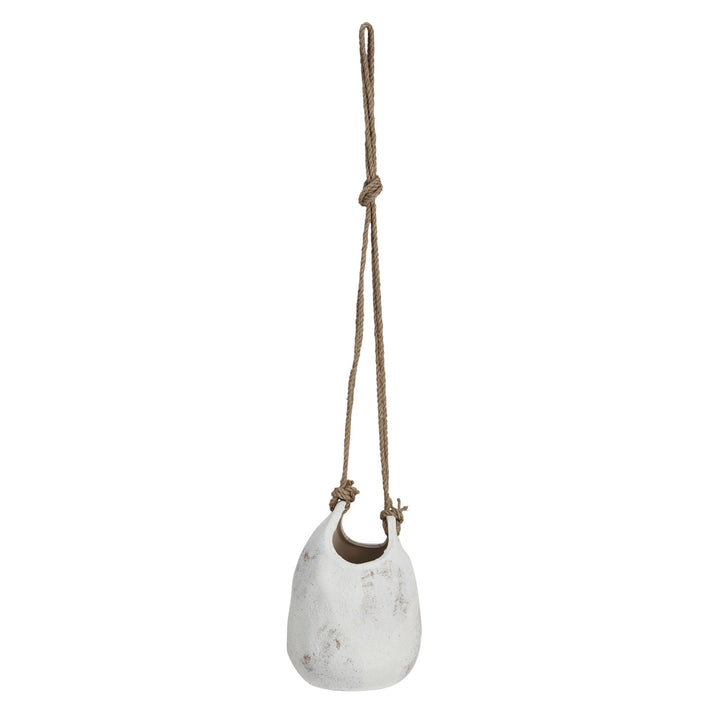 Hanging Coarse Stoneware Planter With Jute Rope Hanger