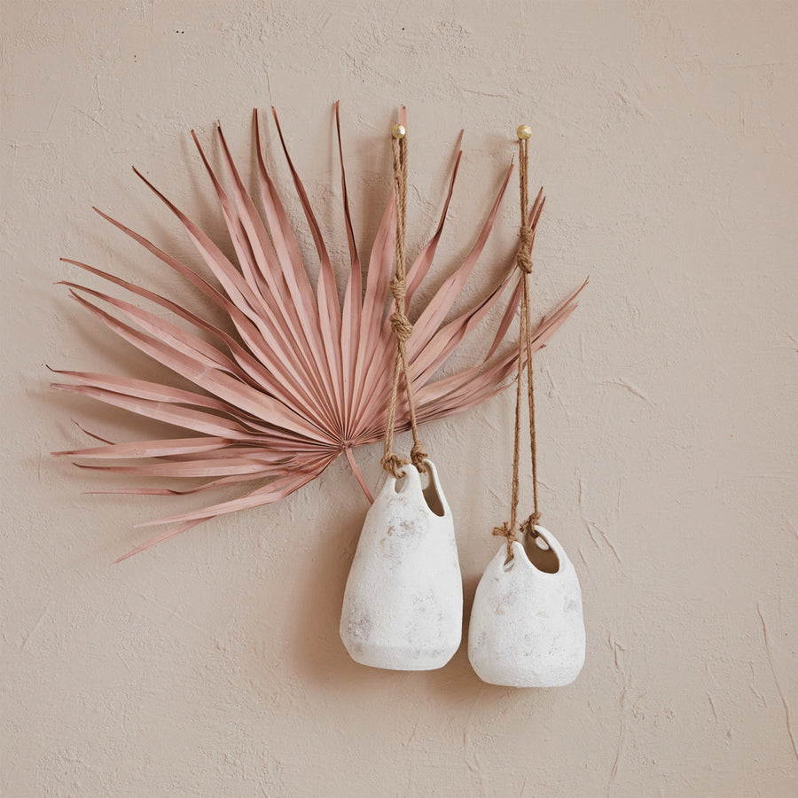 Hanging Coarse Stoneware Planter With Jute Rope Hanger