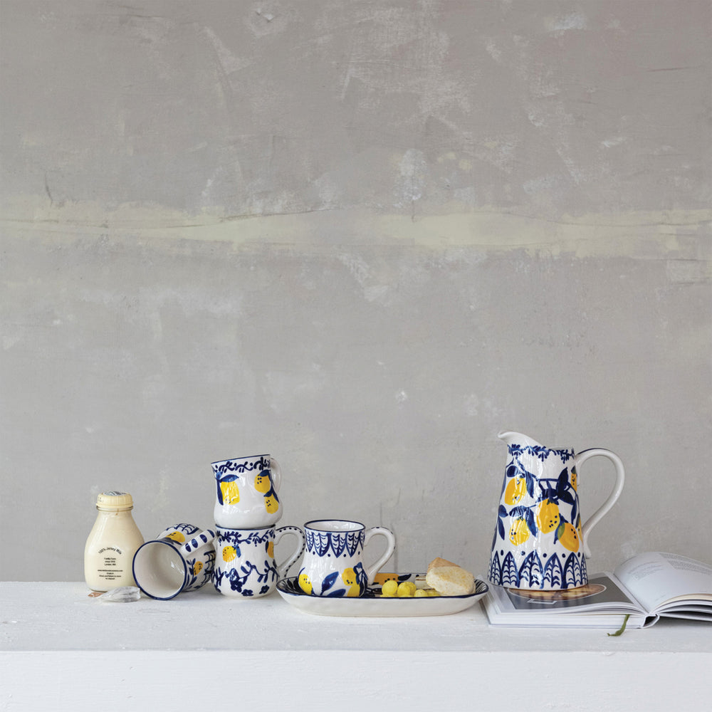 Hand-Painted Stoneware Pitcher With Delft Lemon Design