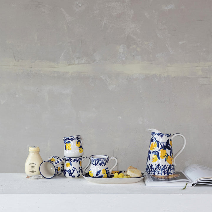 Hand-Painted Stoneware Pitcher With Delft Lemon Design