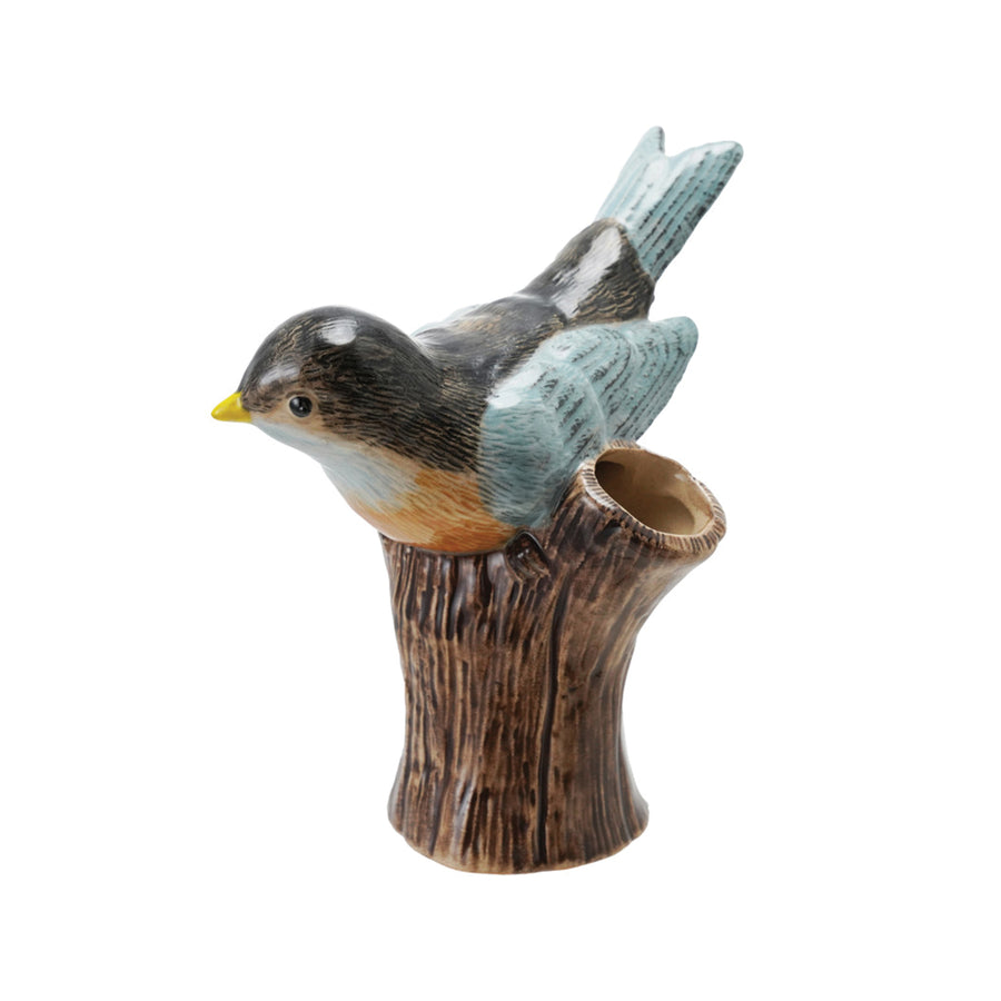 Hand-Painted Stoneware Bird On Log Shaped Vase
