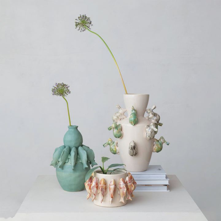 Stoneware Vase With 3-Dimensional Rabbits