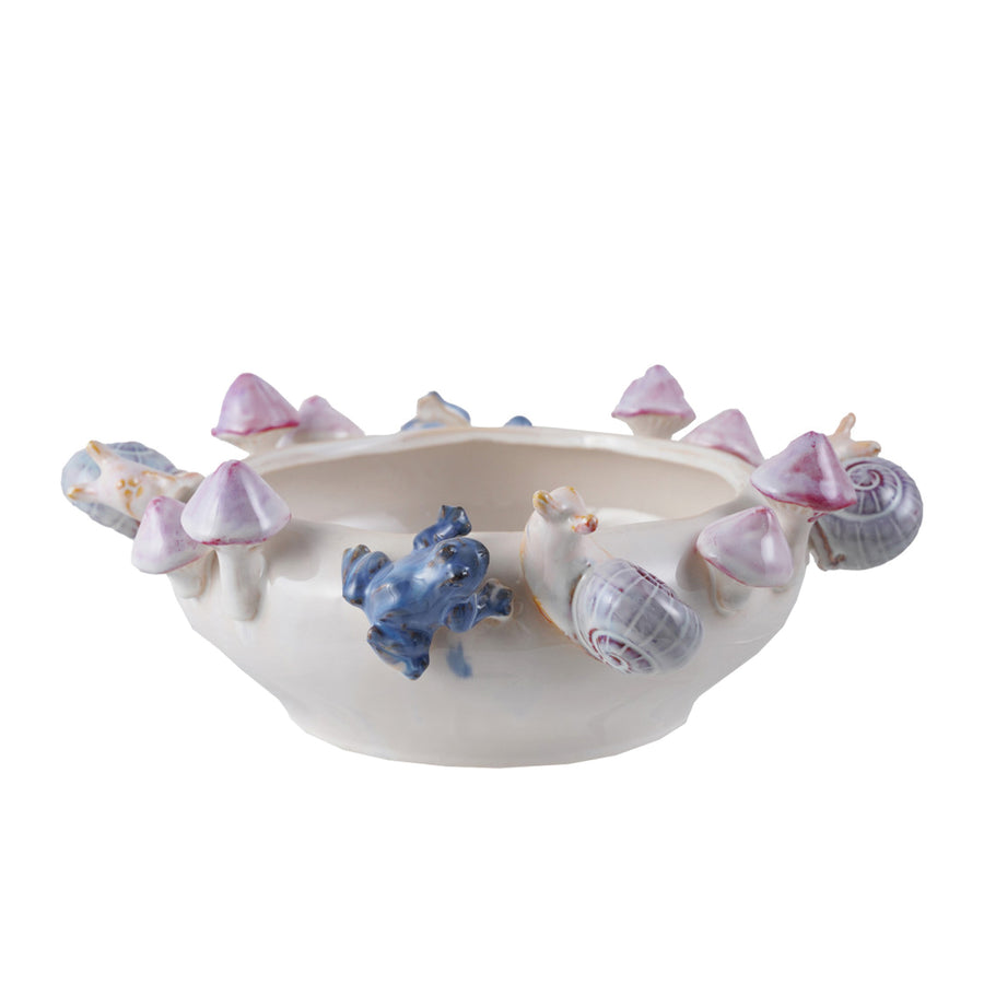 Stoneware Bowl Planter With 3-Dimensional Snails, Mushrooms And Frogs On Rim