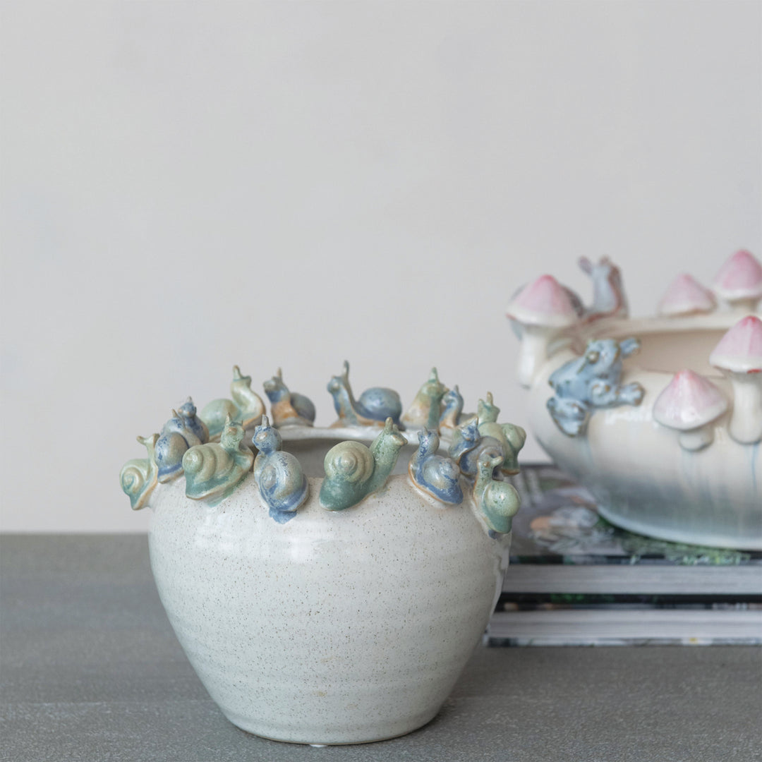 Stoneware Bowl Planter With 3-Dimensional Snails, Mushrooms And Frogs On Rim