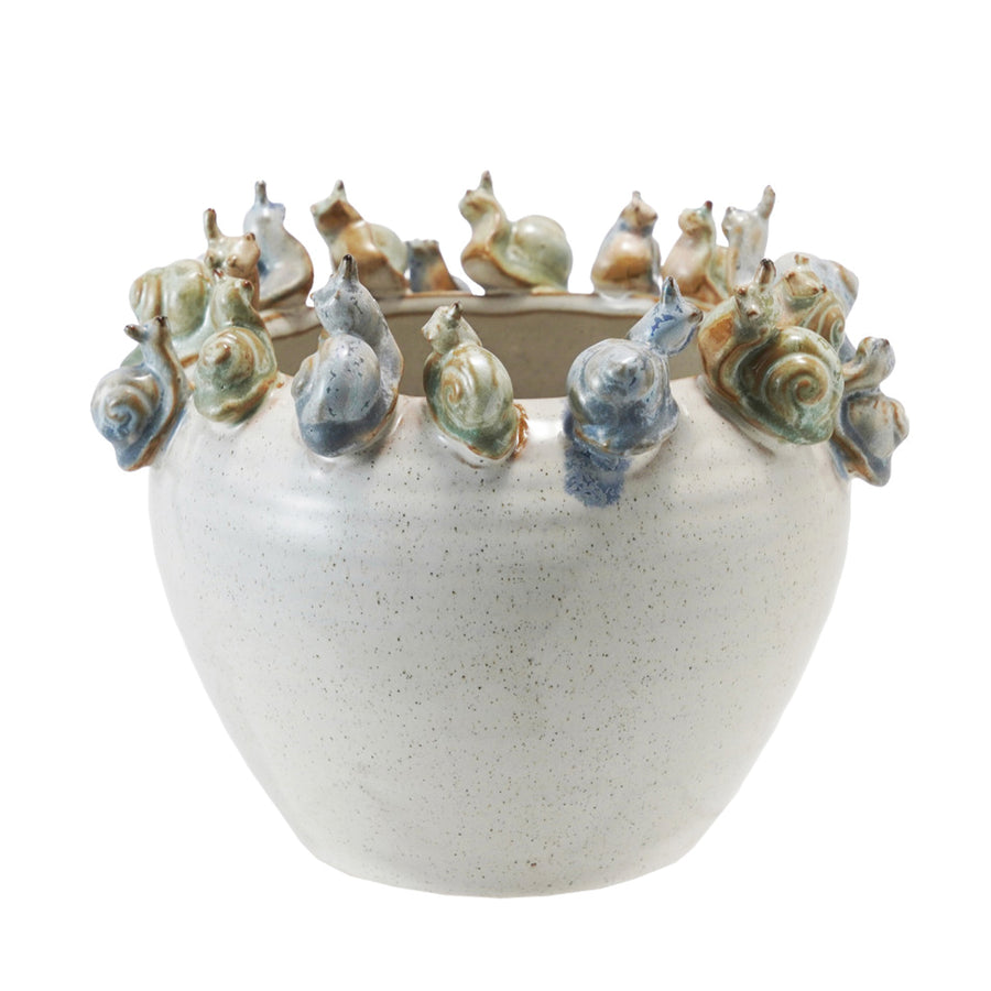 Stoneware Planter With 3-Dimensional Snails On Rim