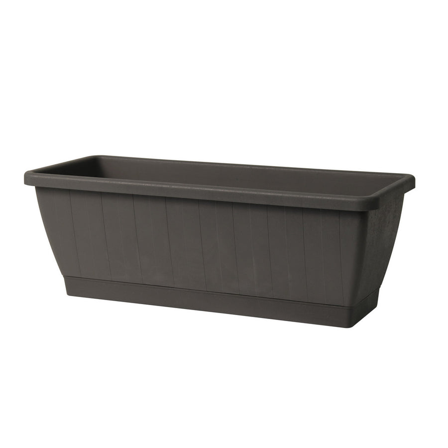 Plastic Plant Box with Attached Saucer in Charcoal Gray