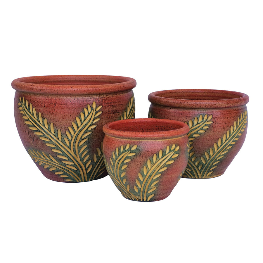 Frond Terra Cotta Planter in Brick Red & Green