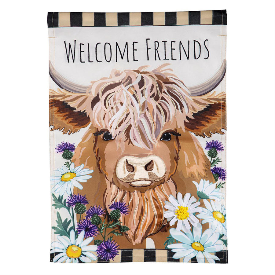 Highland Cow Welcome Friends Garden Applique Flag