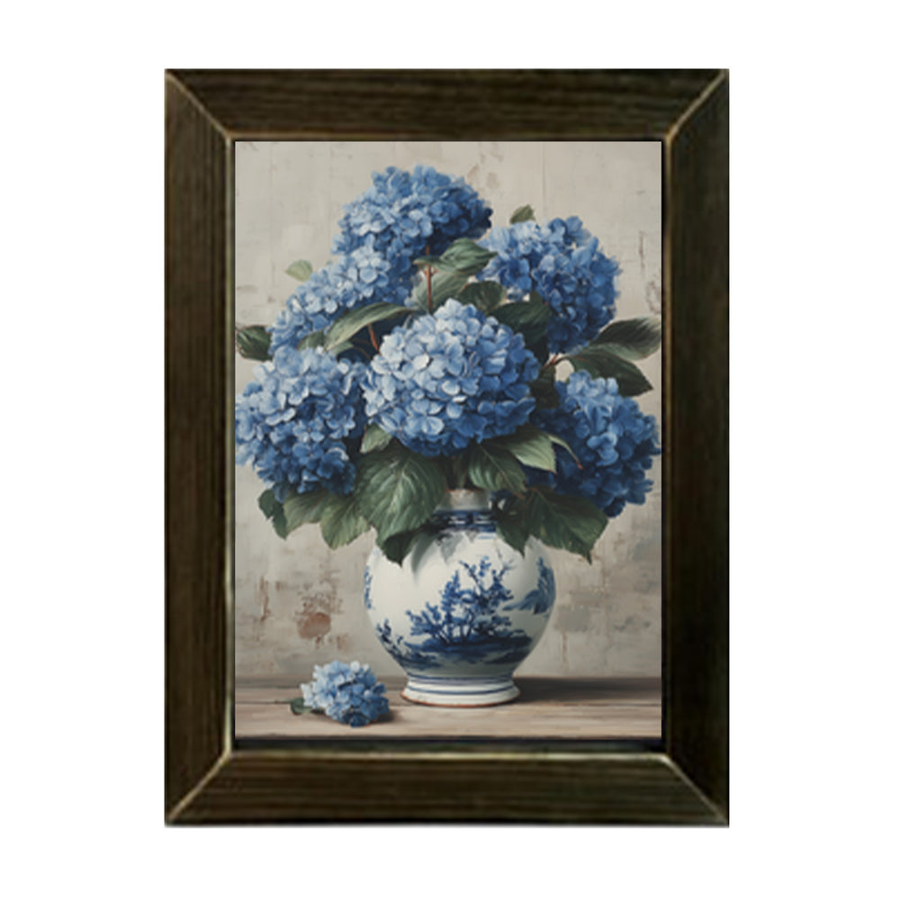 Blue Hydrangea Framed Wall Art Brown Stain