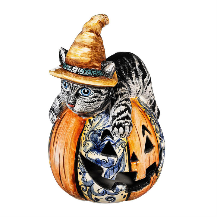 Blue Floral Witch Cat Talavera Ceramic Pumpkin