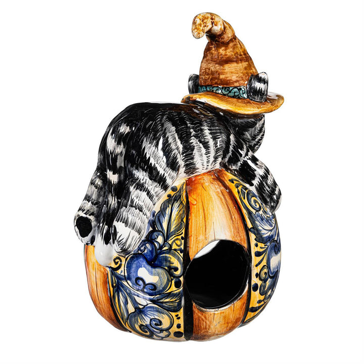 Blue Floral Witch Cat Talavera Ceramic Pumpkin