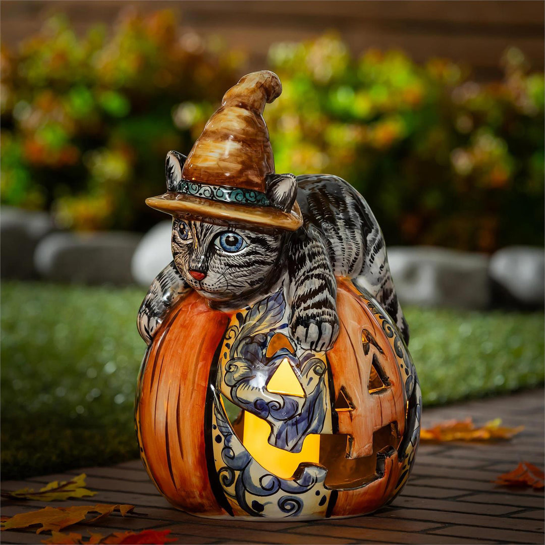 Blue Floral Witch Cat Talavera Ceramic Pumpkin