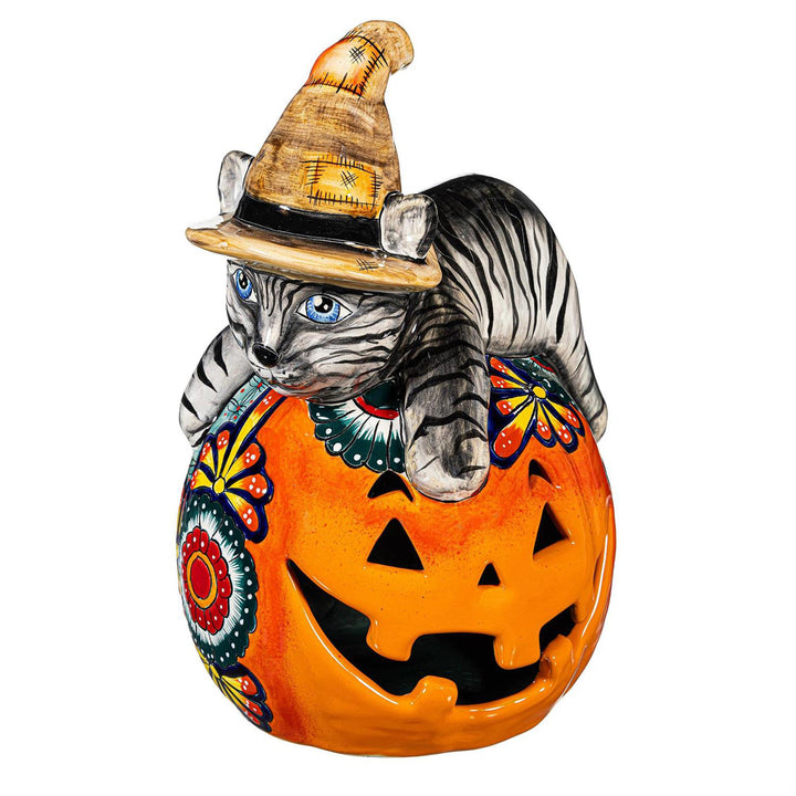 Classic Witch Cat Talavera Ceramic Pumpkin