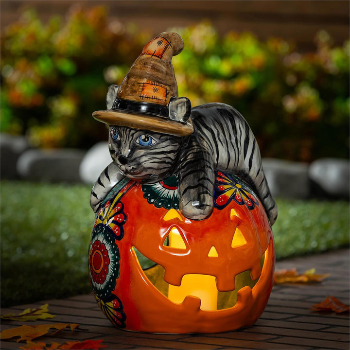 Classic Witch Cat Talavera Ceramic Pumpkin
