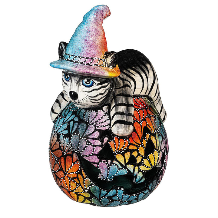 Floral Burst Witch Cat Talavera Ceramic Pumpkin