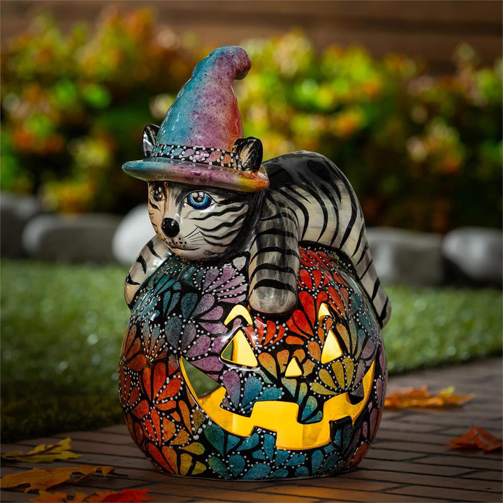 Floral Burst Witch Cat Talavera Ceramic Pumpkin