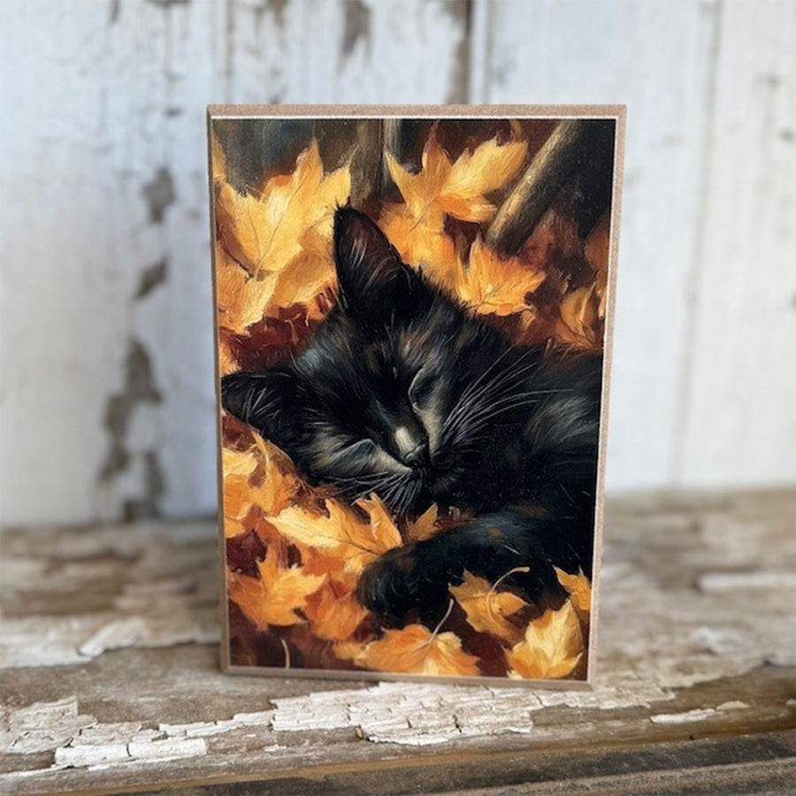 Black Cat Sleeping in Leaves Wood Block