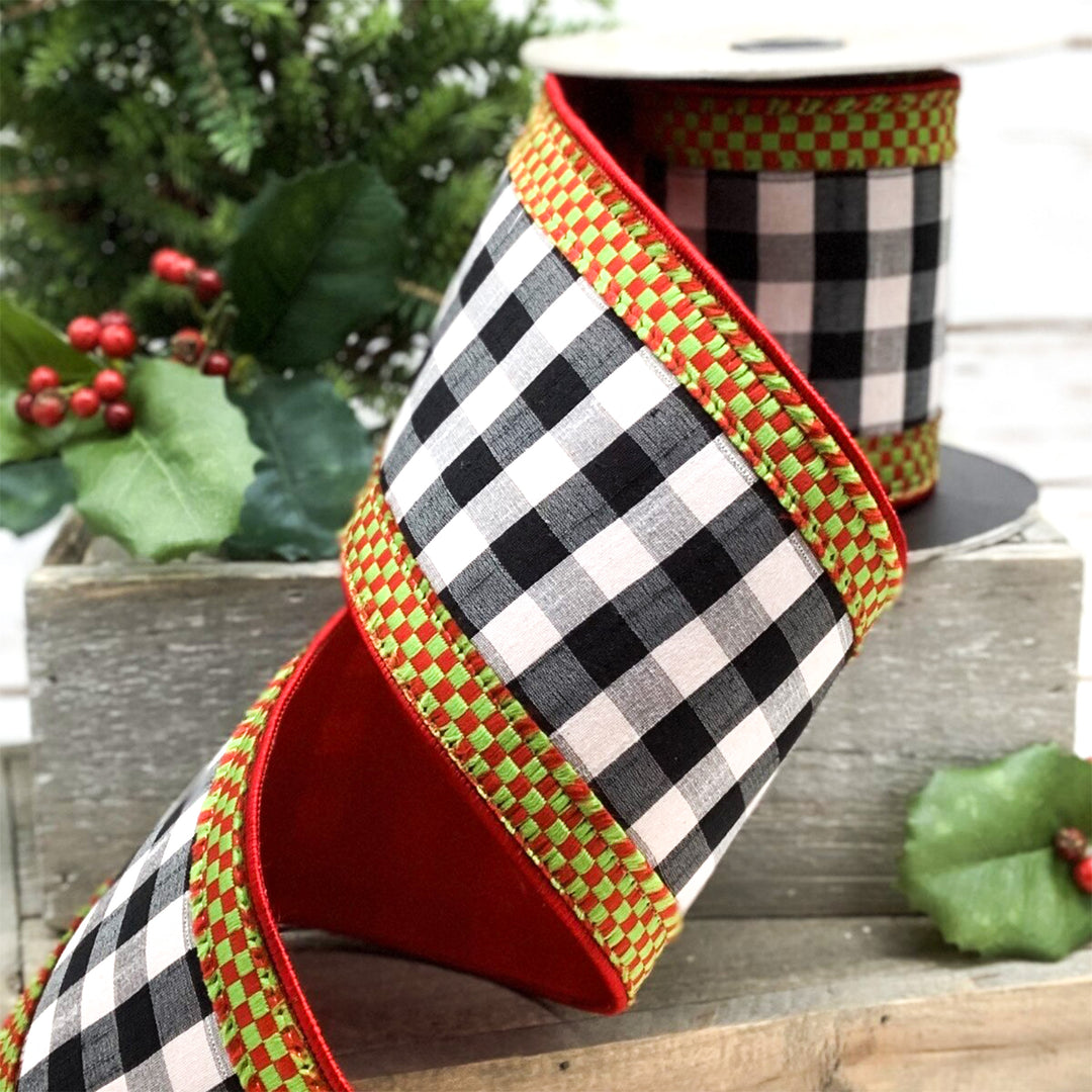 Black and White Check Ribbon with Red and Green Trim