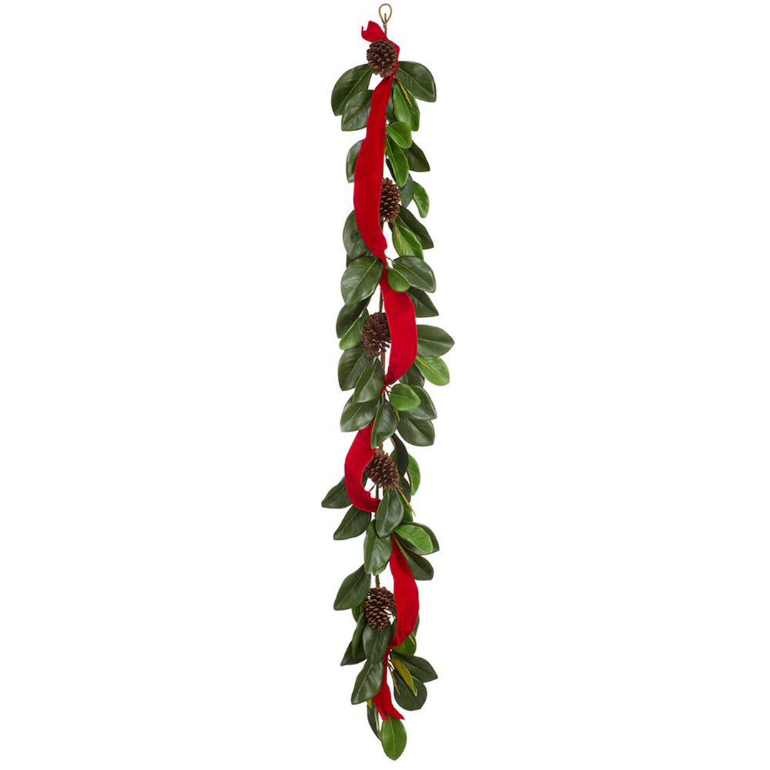 Magnolia Leaf & Pinecone Garland with Red Ribbon