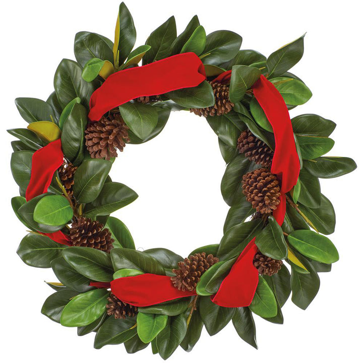 Magnolia Leaf & Pinecone Wreath with Red Ribbon