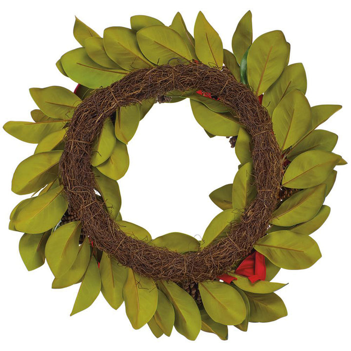 Magnolia Leaf & Pinecone Wreath with Red Ribbon