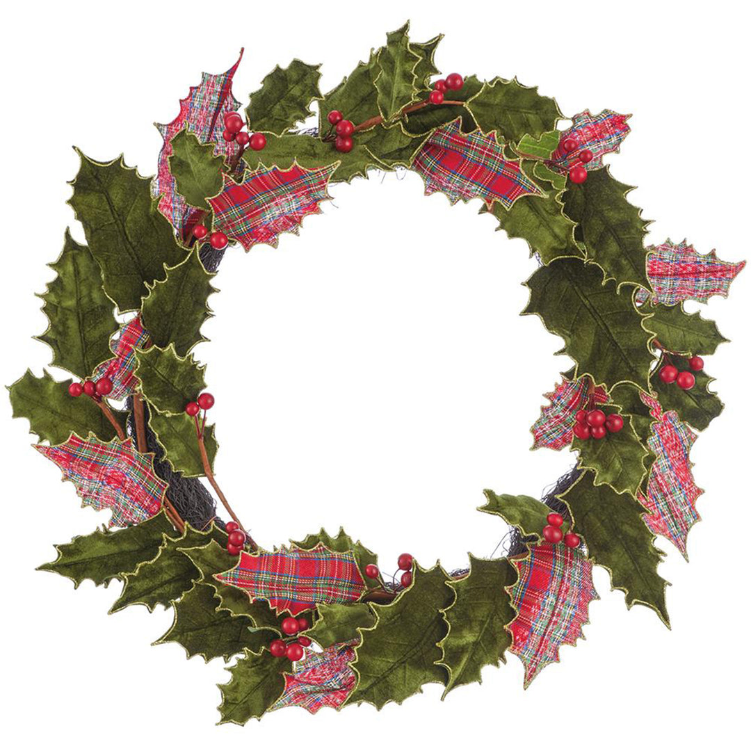 Velvet Plaid Holly Leaf Wreath