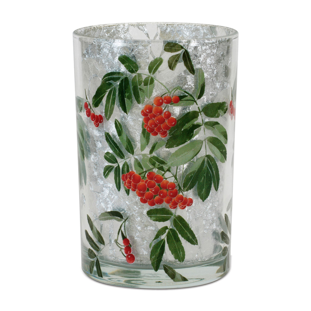 Frosted Glass Candle Holder with Holly Design