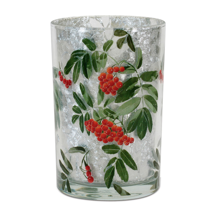 Frosted Glass Candle Holder with Holly Design