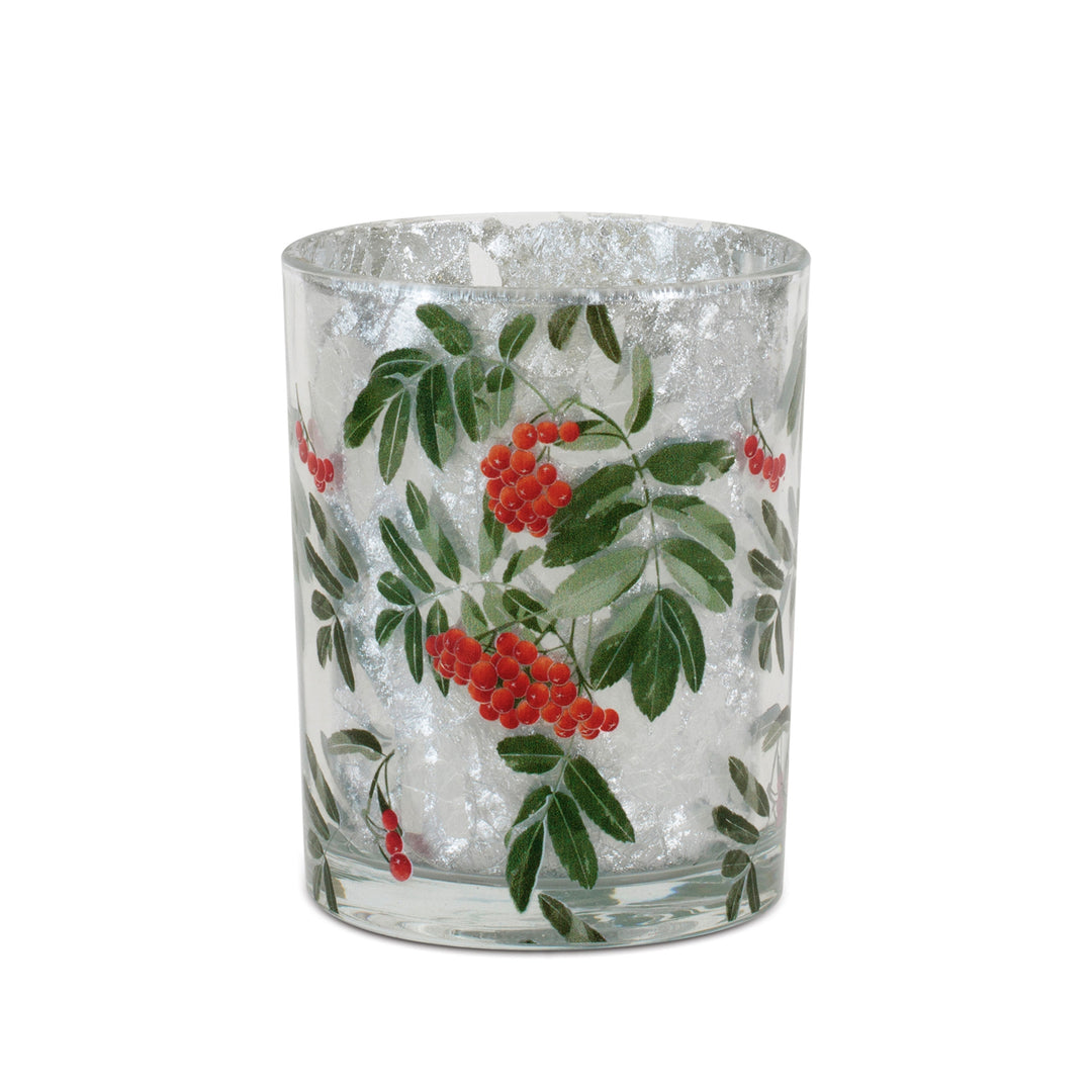 Frosted Glass Candle Holder with Holly Design