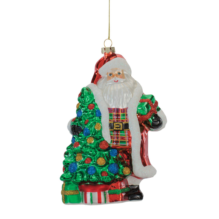 Plaid Santa with Tree and Gifts Ornament