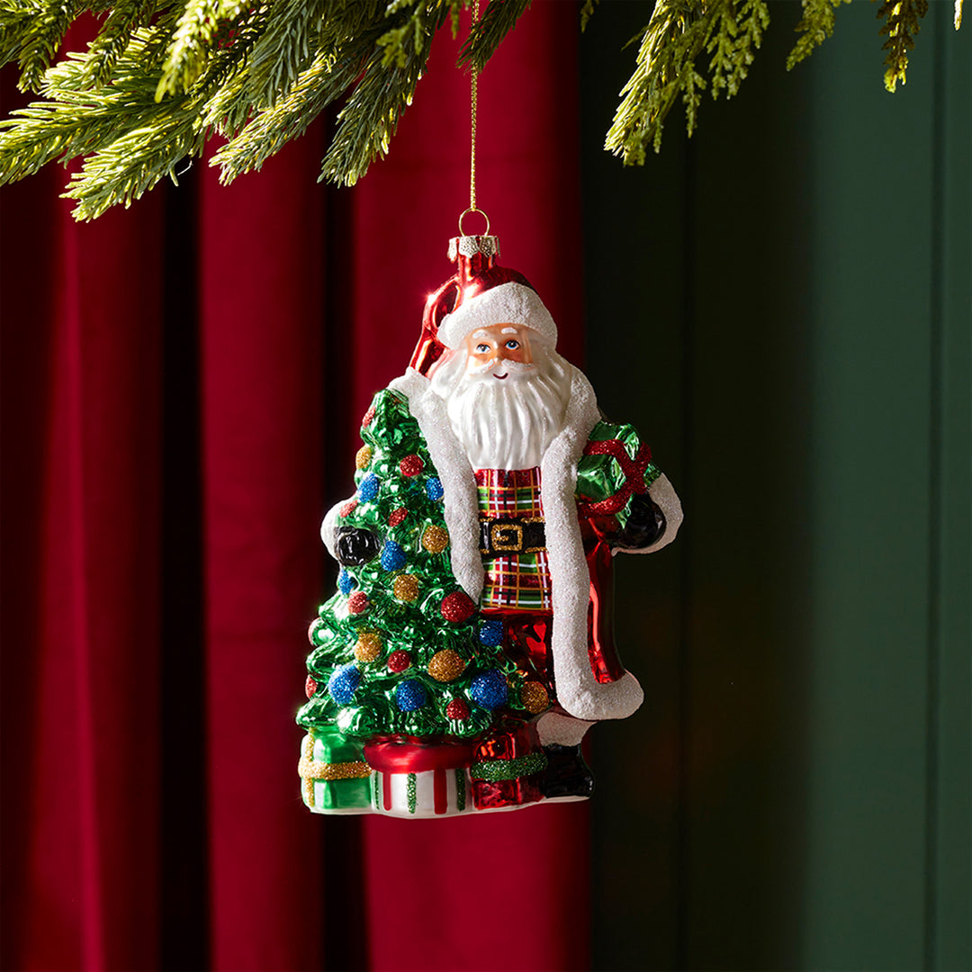 Plaid Santa with Tree and Gifts Ornament