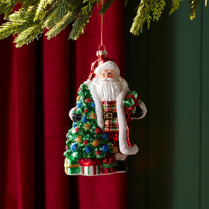 Plaid Santa with Tree and Gifts Ornament