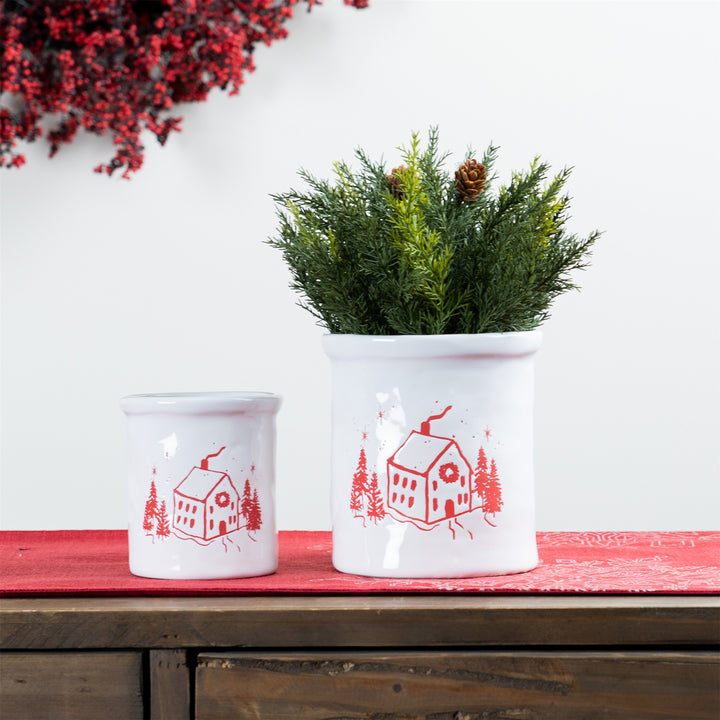 Red and White Holiday House Design Crock