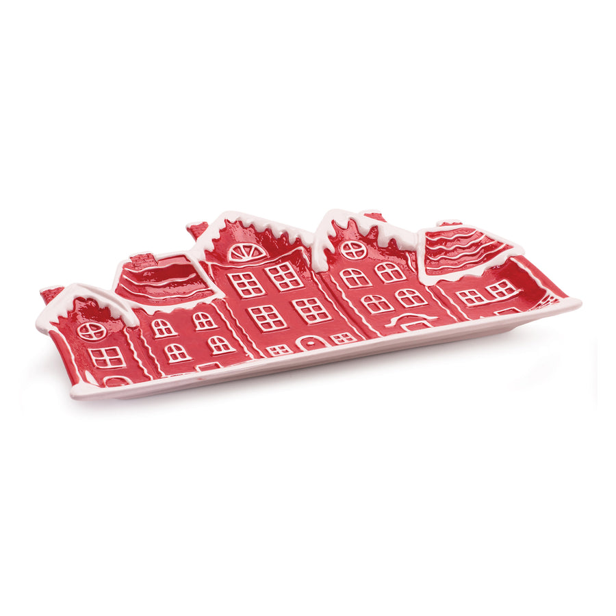 Ceramic Red and White Holiday House Serving Tray