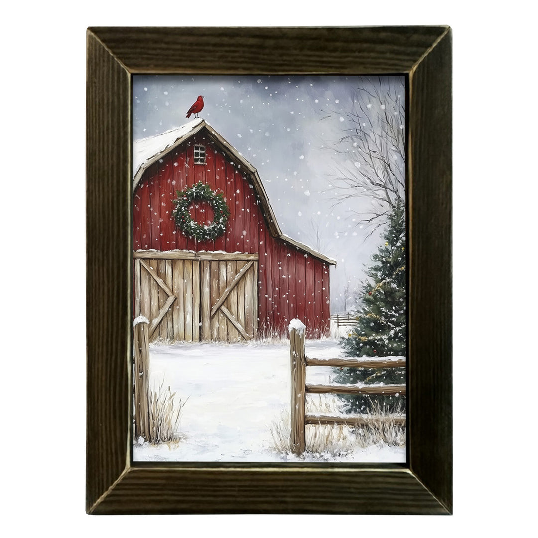 Snowy Red Barn Visitor Framed Wall Art