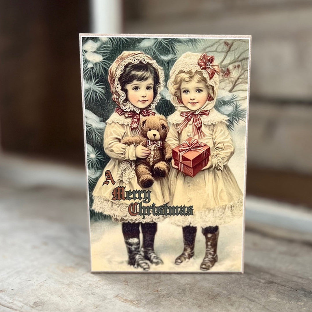Vintage Merry Christmas Block with Two Girls