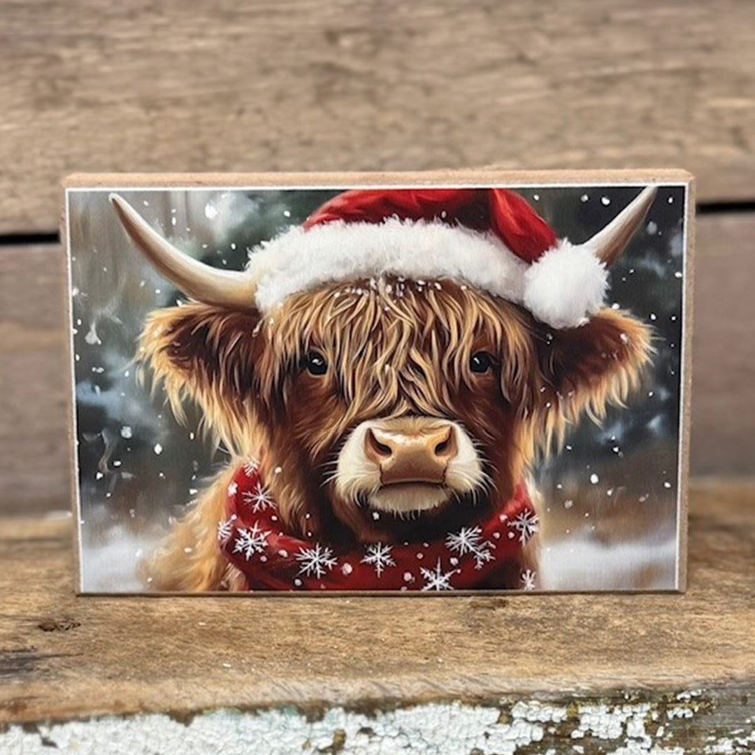 Highland Cow Wearing Santa Hat and Scarf Block