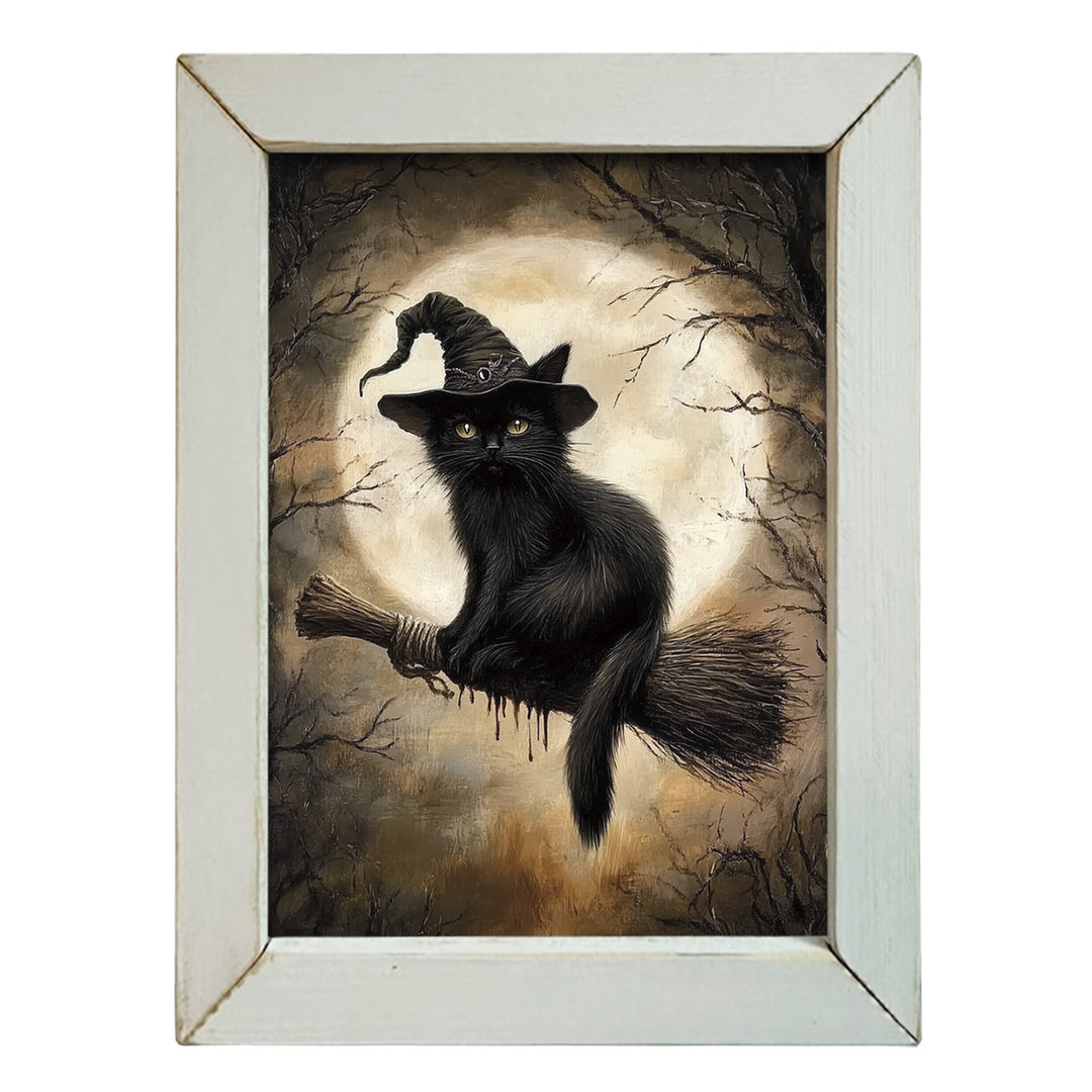 Black Cat with Witch's Hat on Broom Framed Wall Art