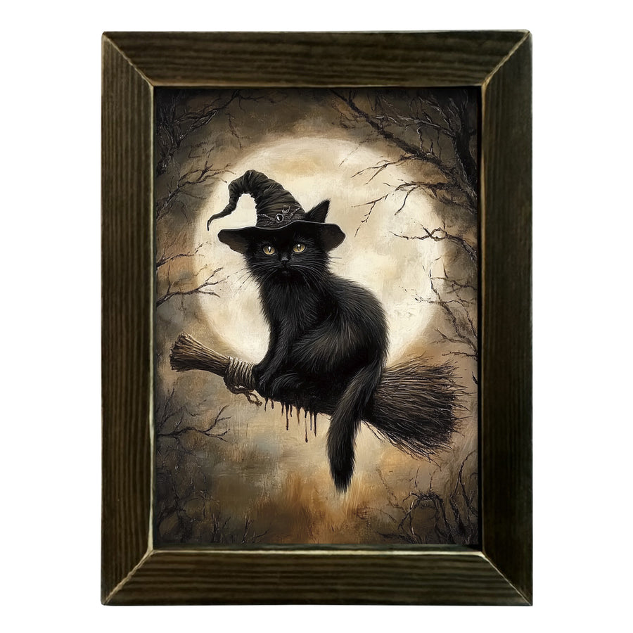 Black Cat with Witch's Hat on Broom Framed Wall Art