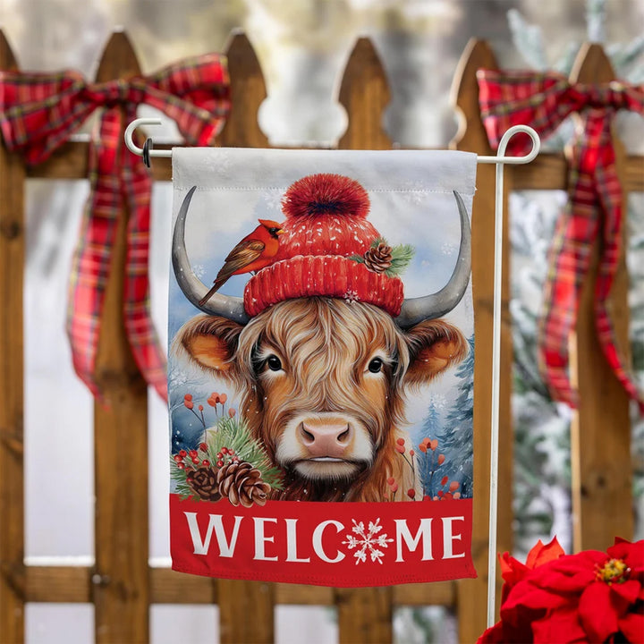 Bundled Up Highland Cow Garden Flag