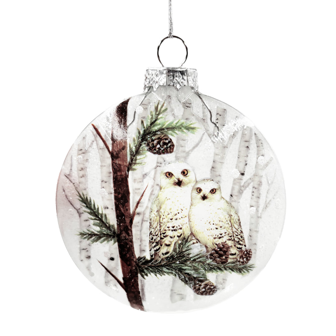 Glass Disc Ornament with Owls on Branch
