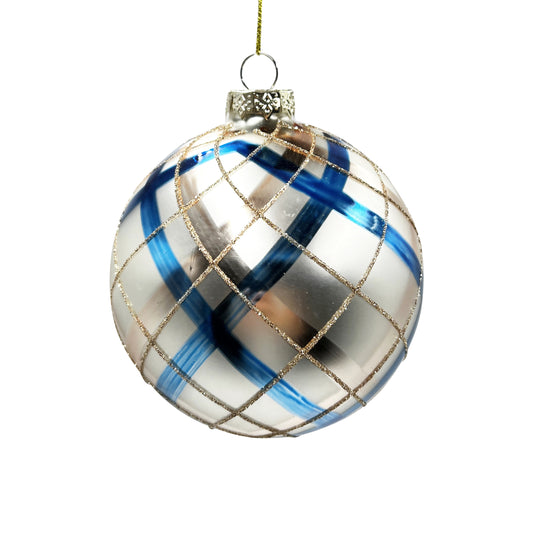 Blue, Gold, & Ivory Plaid Glass Ball Ornament