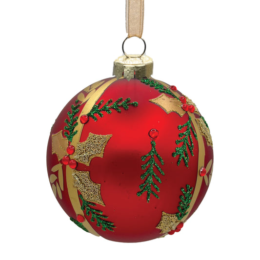 Red Glass Ornament with Holly Design Ball