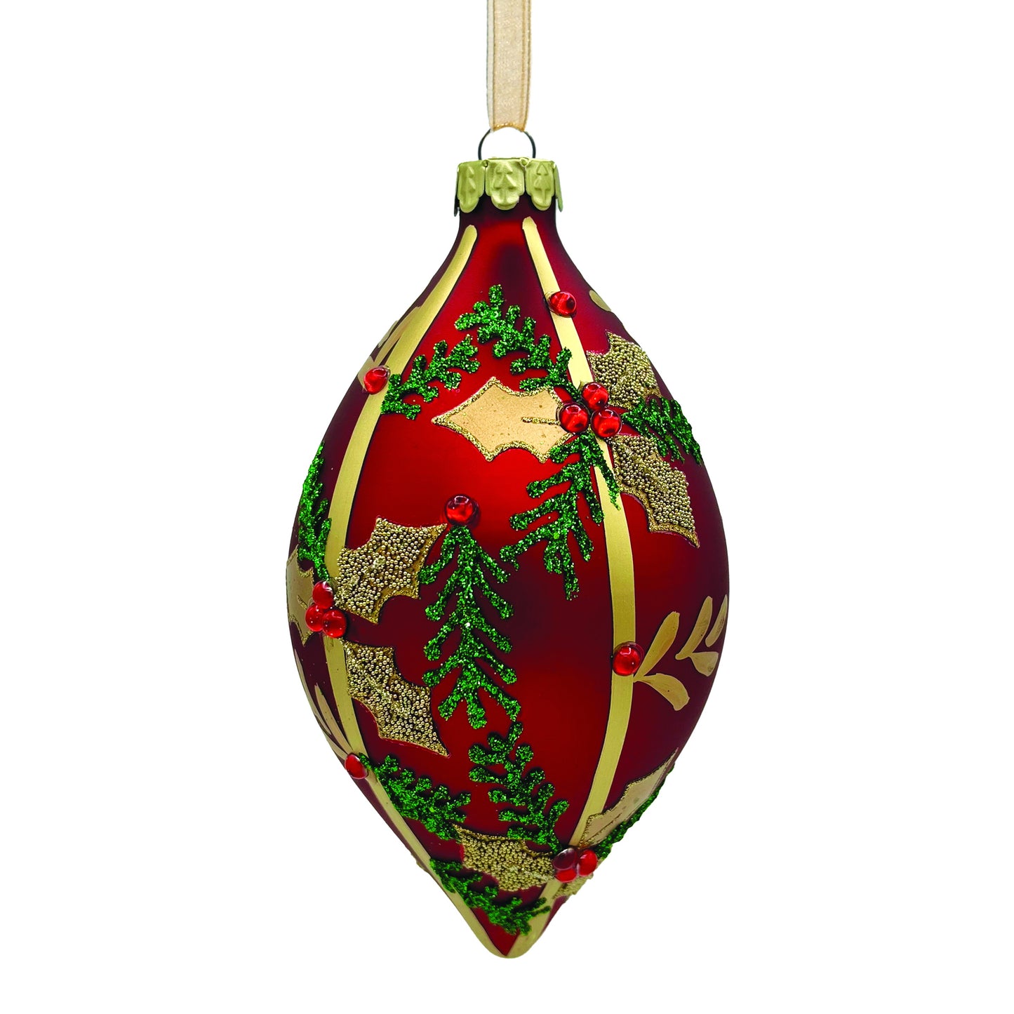 Red Glass Ornament with Holly Design Drop