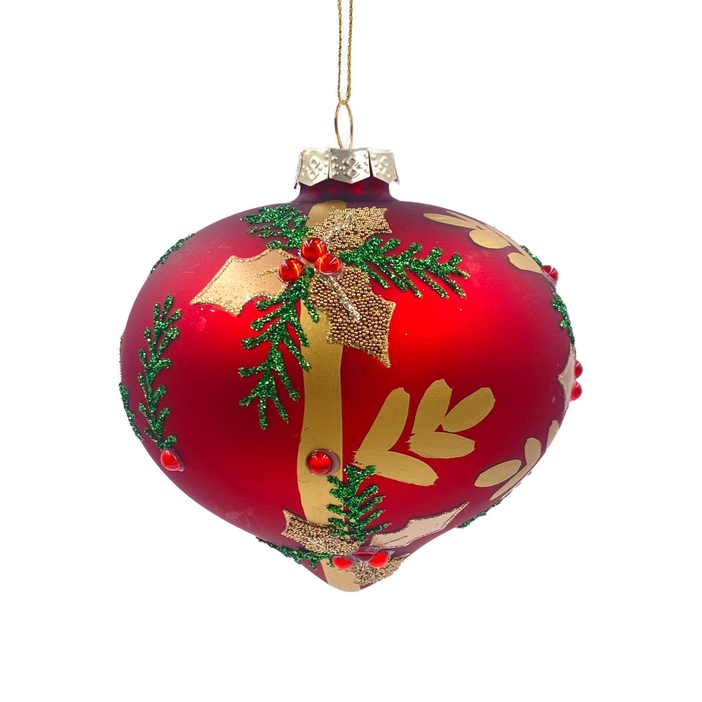 Red Glass Ornament with Holly Design Onion